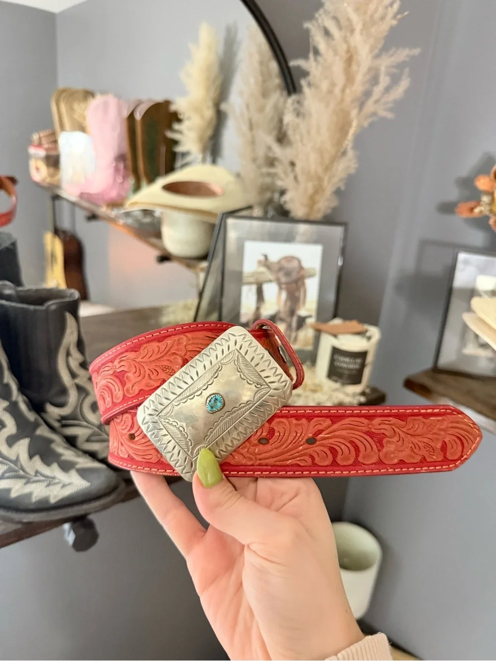 Nocona Red Tooled Leather Belt